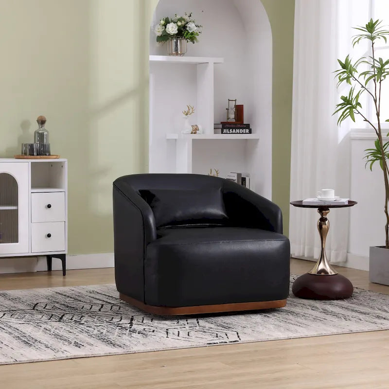 Black PU Modern 31.5 Upholstered 360 Swivel Barrel Chair with Metal Base for Living Room