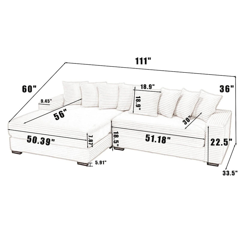 Beige 111 Corduroy L-Shaped Sectional Sofa with Oversized Left Chaise