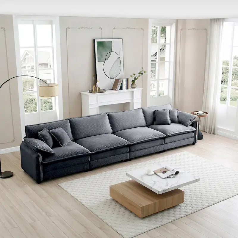 Grey 150 Corduroy 4-Seater Modular Sectional Sofa, 6 Pillows & Free Combination