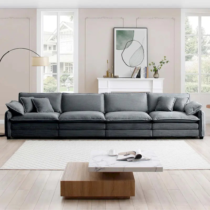 Grey 150 Corduroy 4-Seater Modular Sectional Sofa, 6 Pillows & Free Combination