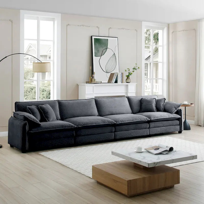 Grey 150 Corduroy 4-Seater Modular Sectional Sofa, 6 Pillows & Free Combination