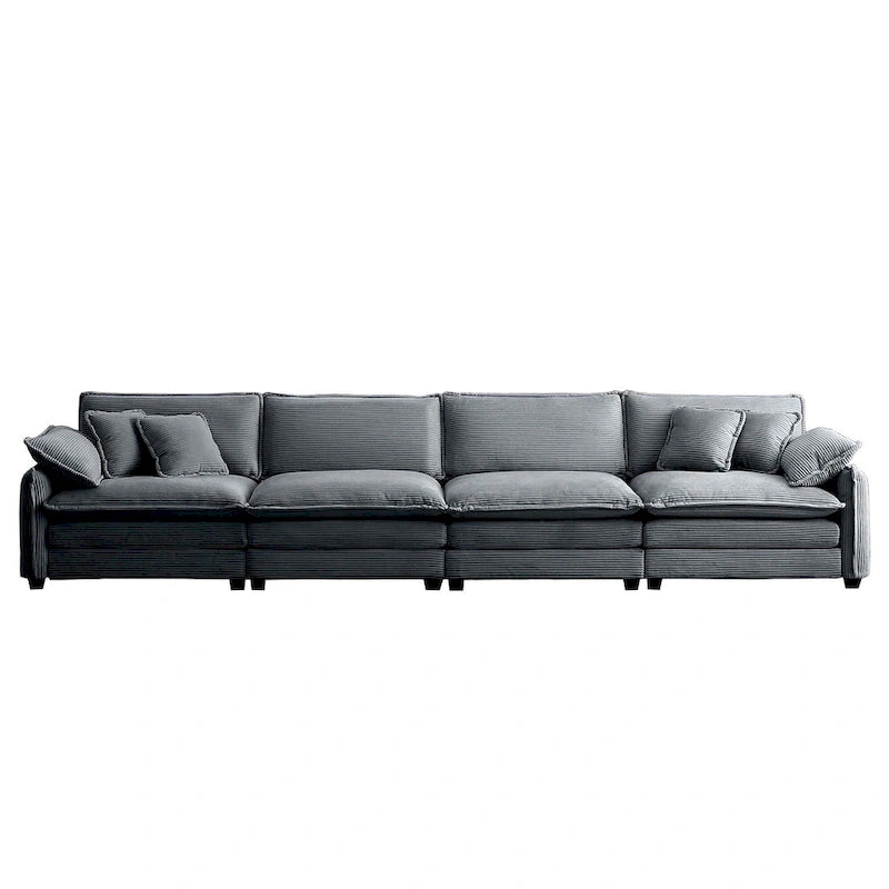 Grey 150 Corduroy 4-Seater Modular Sectional Sofa, 6 Pillows & Free Combination