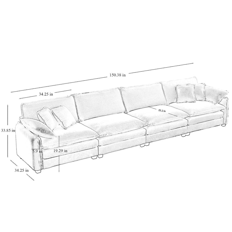Grey 150 Corduroy 4-Seater Modular Sectional Sofa, 6 Pillows & Free Combination