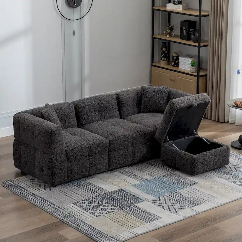 87.7 Fabric 4 Seater Sectional Sofa with Movable Ottoman, 2 USB Ports, and 2 Lumbar Pillows, Ideal for Living Room