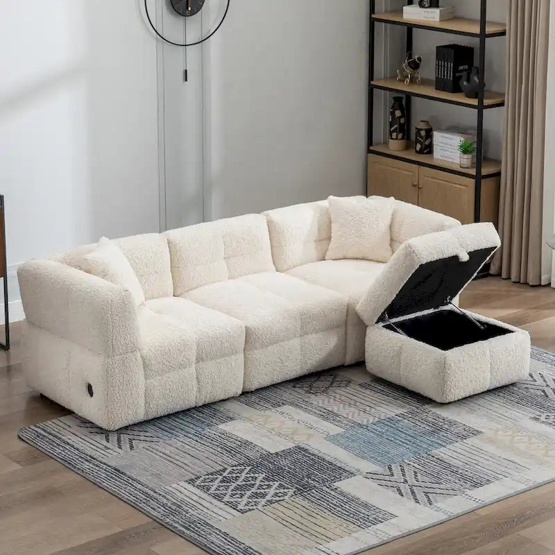 87.7 Fabric 4 Seater Sectional Sofa with Movable Ottoman, 2 USB Ports, and 2 Lumbar Pillows, Ideal for Living Room
