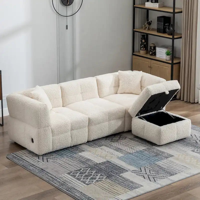 87.7 Fabric 4 Seater Sectional Sofa with Movable Ottoman, 2 USB Ports, and 2 Lumbar Pillows, Ideal for Living Room