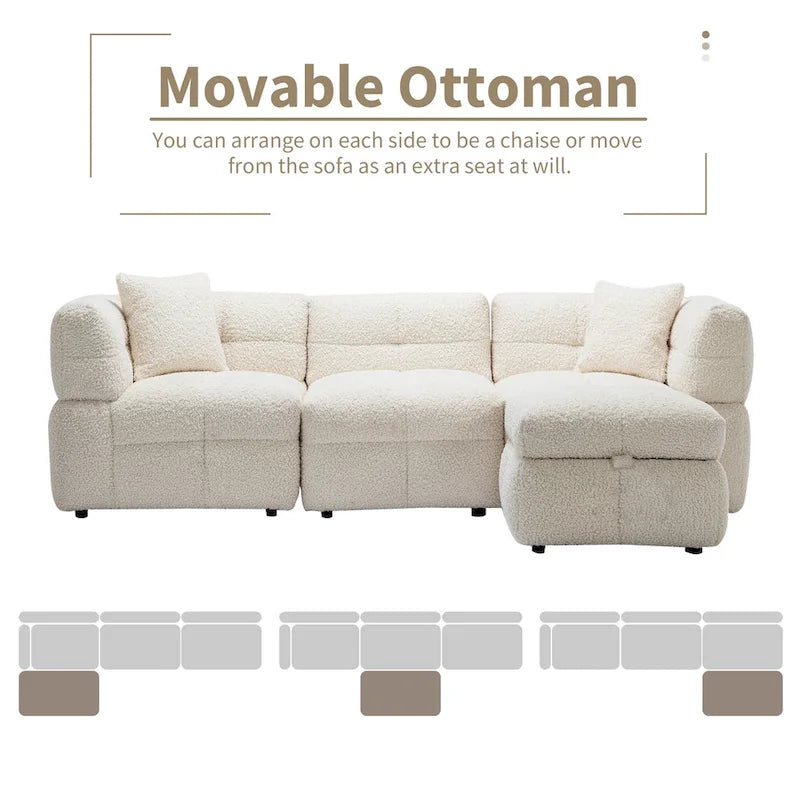 87.7 Fabric 4 Seater Sectional Sofa with Movable Ottoman, 2 USB Ports, and 2 Lumbar Pillows, Ideal for Living Room