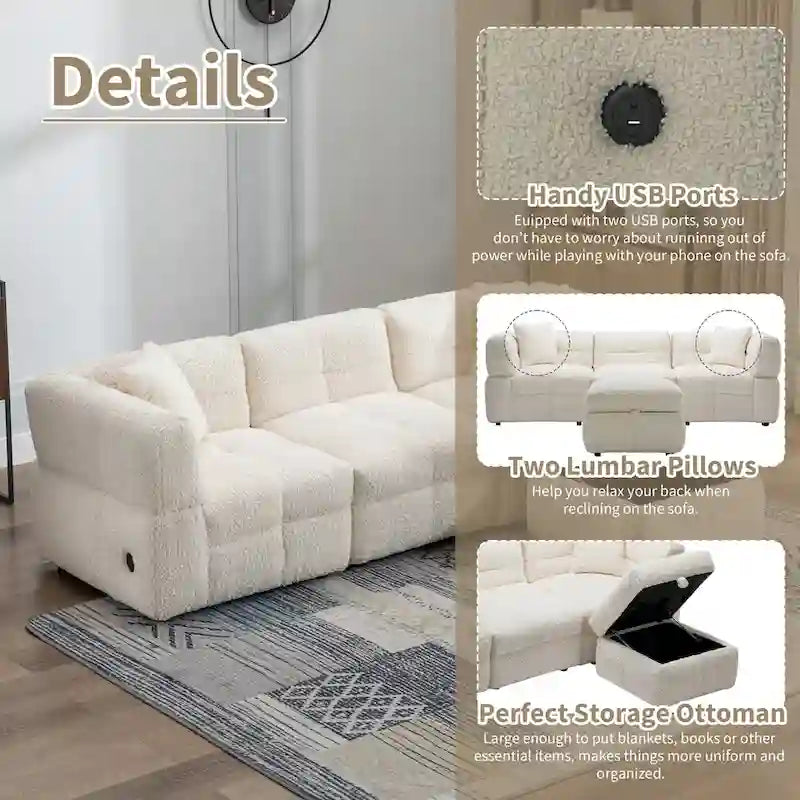 87.7 Fabric 4 Seater Sectional Sofa with Movable Ottoman, 2 USB Ports, and 2 Lumbar Pillows, Ideal for Living Room