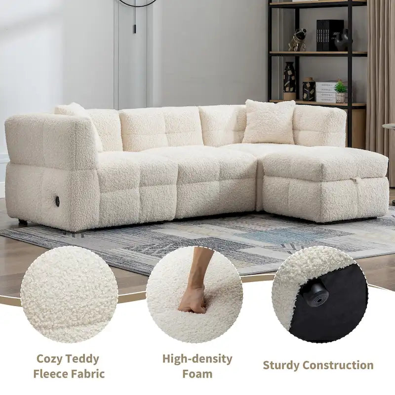 87.7 Fabric 4 Seater Sectional Sofa with Movable Ottoman, 2 USB Ports, and 2 Lumbar Pillows, Ideal for Living Room