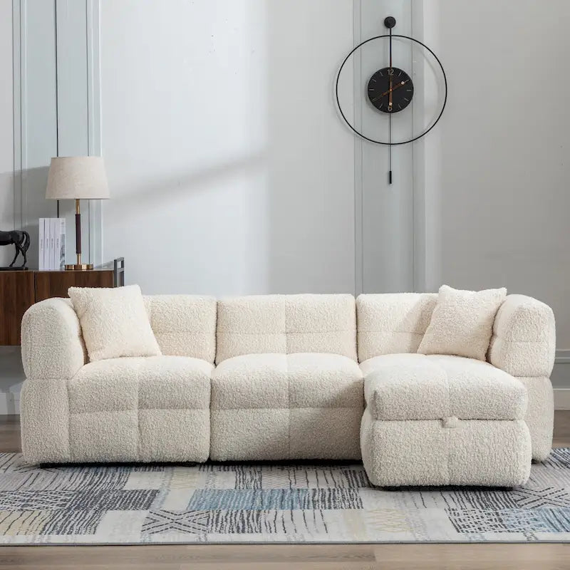 87.7 Fabric 4 Seater Sectional Sofa with Movable Ottoman, 2 USB Ports, and 2 Lumbar Pillows, Ideal for Living Room
