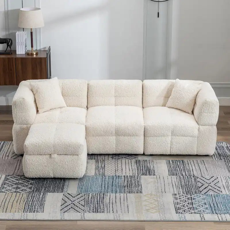 87.7 Fabric 4 Seater Sectional Sofa with Movable Ottoman, 2 USB Ports, and 2 Lumbar Pillows, Ideal for Living Room