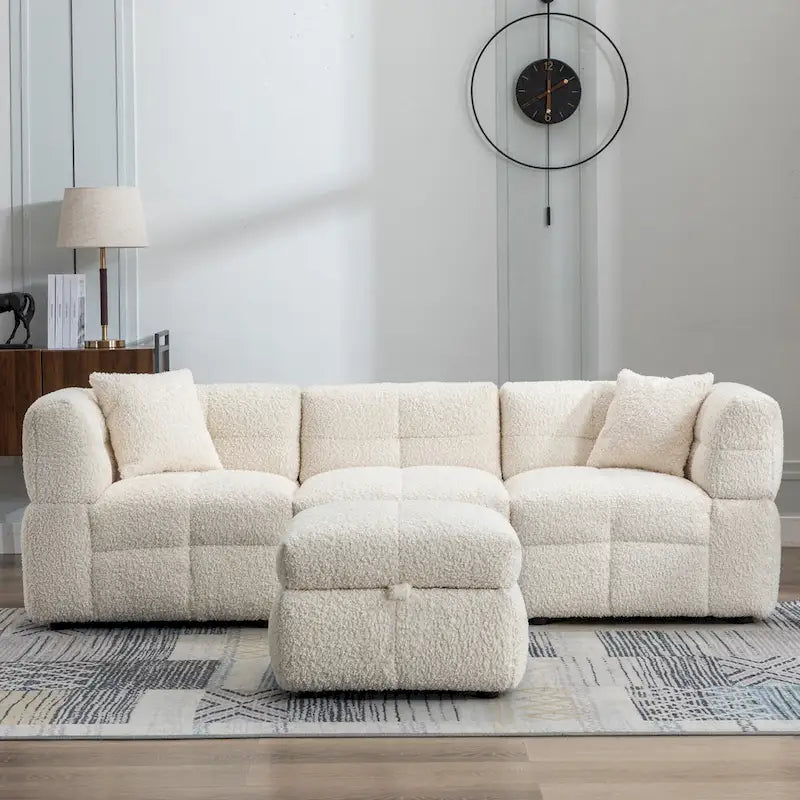 87.7 Fabric 4 Seater Sectional Sofa with Movable Ottoman, 2 USB Ports, and 2 Lumbar Pillows, Ideal for Living Room