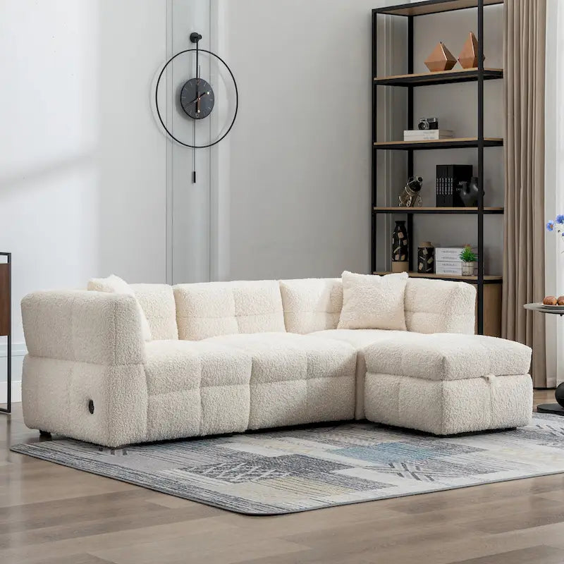 87.7 Fabric 4 Seater Sectional Sofa with Movable Ottoman, 2 USB Ports, and 2 Lumbar Pillows, Ideal for Living Room
