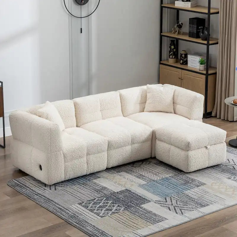 87.7 Fabric 4 Seater Sectional Sofa with Movable Ottoman, 2 USB Ports, and 2 Lumbar Pillows, Ideal for Living Room