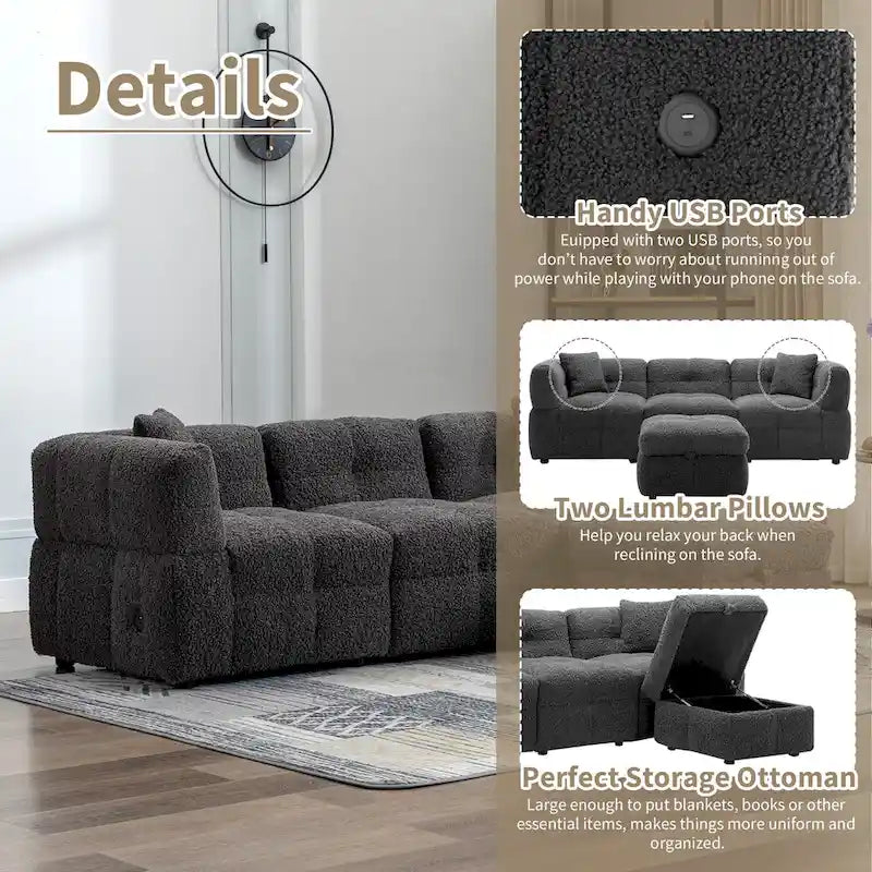 87.7 Fabric 4 Seater Sectional Sofa with Movable Ottoman, 2 USB Ports, and 2 Lumbar Pillows, Ideal for Living Room