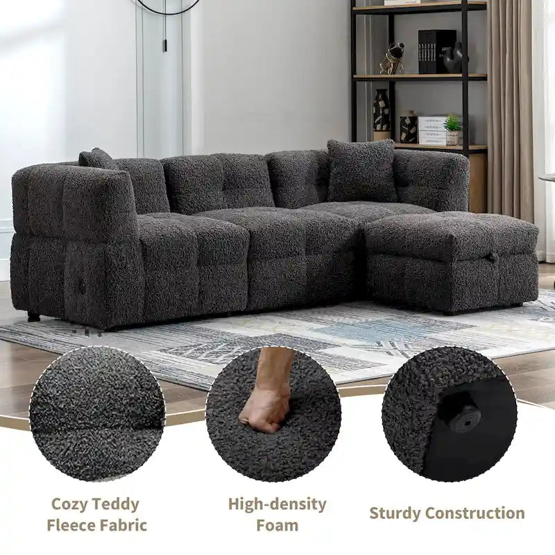 87.7 Fabric 4 Seater Sectional Sofa with Movable Ottoman, 2 USB Ports, and 2 Lumbar Pillows, Ideal for Living Room