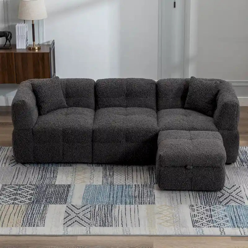 87.7 Fabric 4 Seater Sectional Sofa with Movable Ottoman, 2 USB Ports, and 2 Lumbar Pillows, Ideal for Living Room