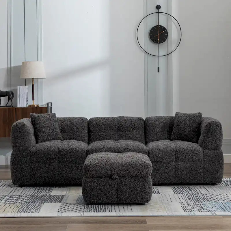 87.7 Fabric 4 Seater Sectional Sofa with Movable Ottoman, 2 USB Ports, and 2 Lumbar Pillows, Ideal for Living Room