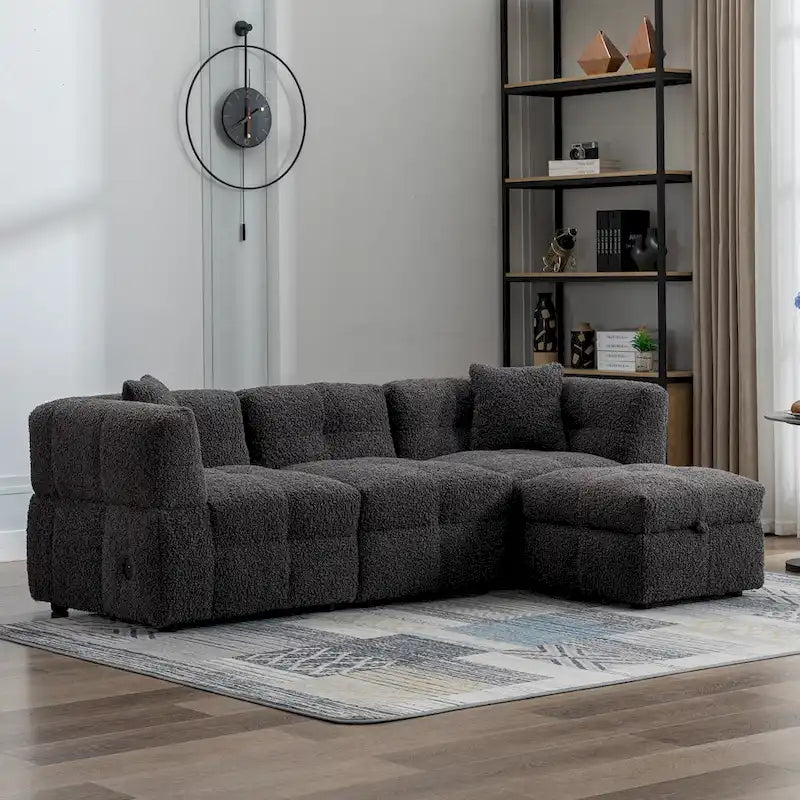 87.7 Fabric 4 Seater Sectional Sofa with Movable Ottoman, 2 USB Ports, and 2 Lumbar Pillows, Ideal for Living Room
