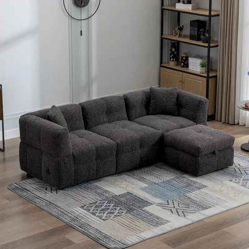 87.7 Fabric 4 Seater Sectional Sofa with Movable Ottoman, 2 USB Ports, and 2 Lumbar Pillows, Ideal for Living Room