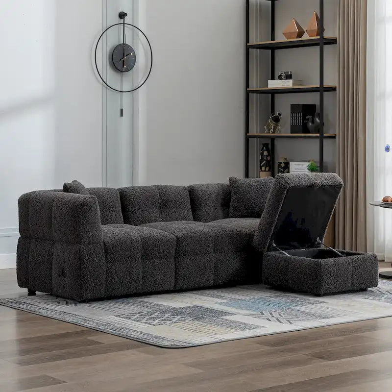 87.7 Fabric 4 Seater Sectional Sofa with Movable Ottoman, 2 USB Ports, and 2 Lumbar Pillows, Ideal for Living Room