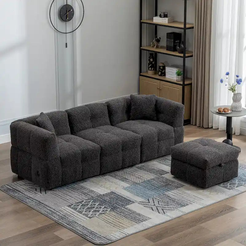 87.7 Fabric 4 Seater Sectional Sofa with Movable Ottoman, 2 USB Ports, and 2 Lumbar Pillows, Ideal for Living Room