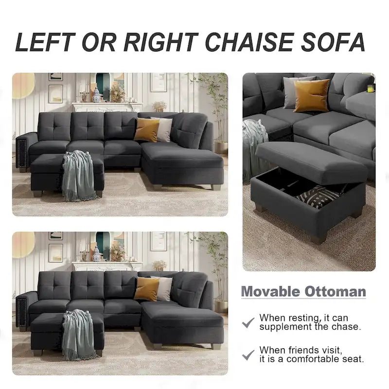 Grey 105.2 Reversible L-Shaped 6-Seater Sectional Sofa with Storage Ottoman and Cup Holders, Space-Saving Linen Design