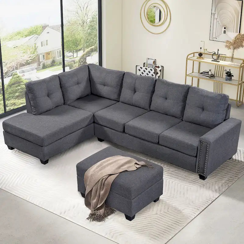 Grey 105.2 Reversible L-Shaped 6-Seater Sectional Sofa with Storage Ottoman and Cup Holders, Space-Saving Linen Design
