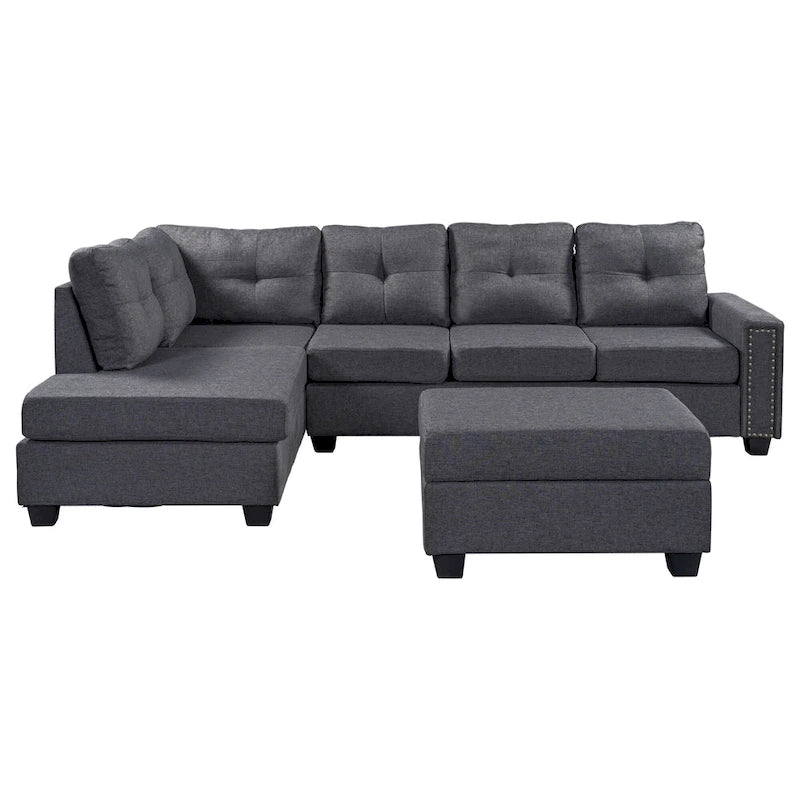 Grey 105.2 Reversible L-Shaped 6-Seater Sectional Sofa with Storage Ottoman and Cup Holders, Space-Saving Linen Design
