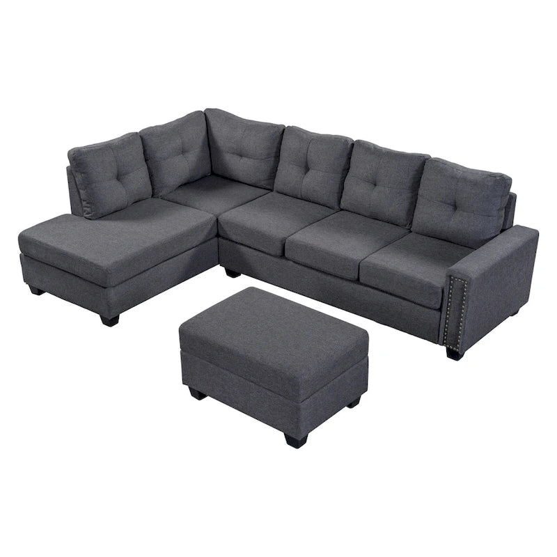 Grey 105.2 Reversible L-Shaped 6-Seater Sectional Sofa with Storage Ottoman and Cup Holders, Space-Saving Linen Design