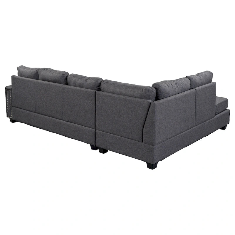 Grey 105.2 Reversible L-Shaped 6-Seater Sectional Sofa with Storage Ottoman and Cup Holders, Space-Saving Linen Design