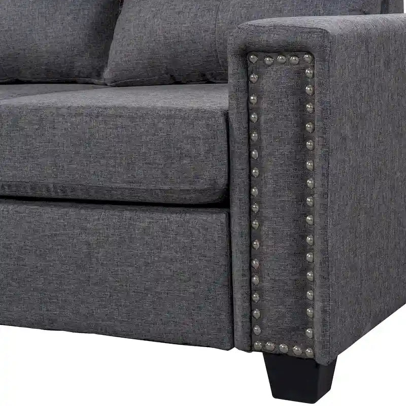 Grey 105.2 Reversible L-Shaped 6-Seater Sectional Sofa with Storage Ottoman and Cup Holders, Space-Saving Linen Design