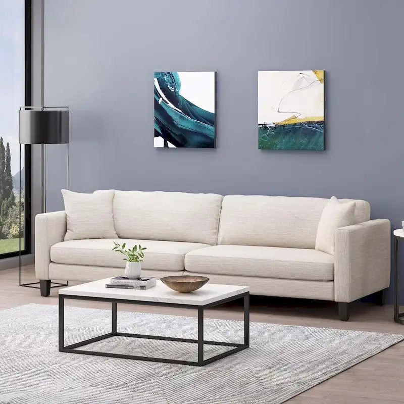 Beige Modern 101 3-seater Sofa with Wood Legs and Two Pillows for Living Room