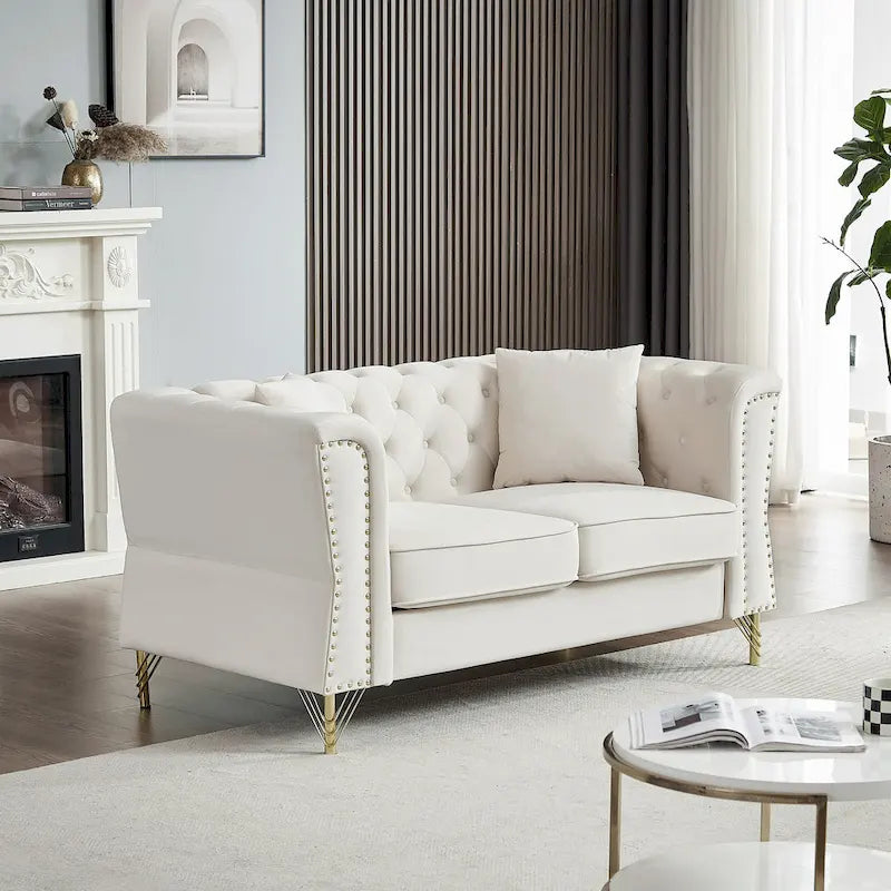 Beige 60.2 Velvet 2 Seater Sofa Couch with Metal Feet, 2 Pillows, Nailhead Trim, Solid Wood Frame and Foam Padding
