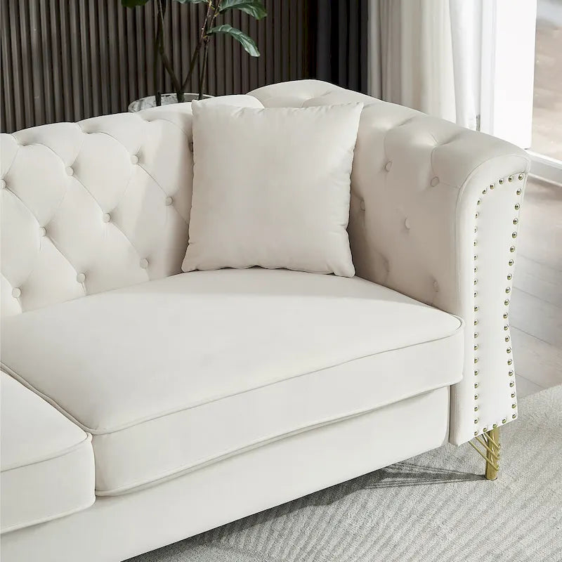 Beige 60.2 Velvet 2 Seater Sofa Couch with Metal Feet, 2 Pillows, Nailhead Trim, Solid Wood Frame and Foam Padding