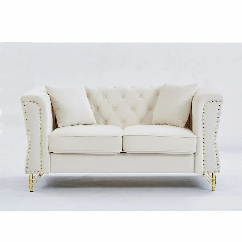 Beige 60.2 Velvet 2 Seater Sofa Couch with Metal Feet, 2 Pillows, Nailhead Trim, Solid Wood Frame and Foam Padding