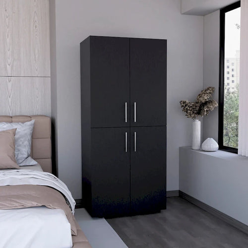 31.5 Modern Four-door Armoire with Six Shelves and Two Hanging Rods for Bedroom