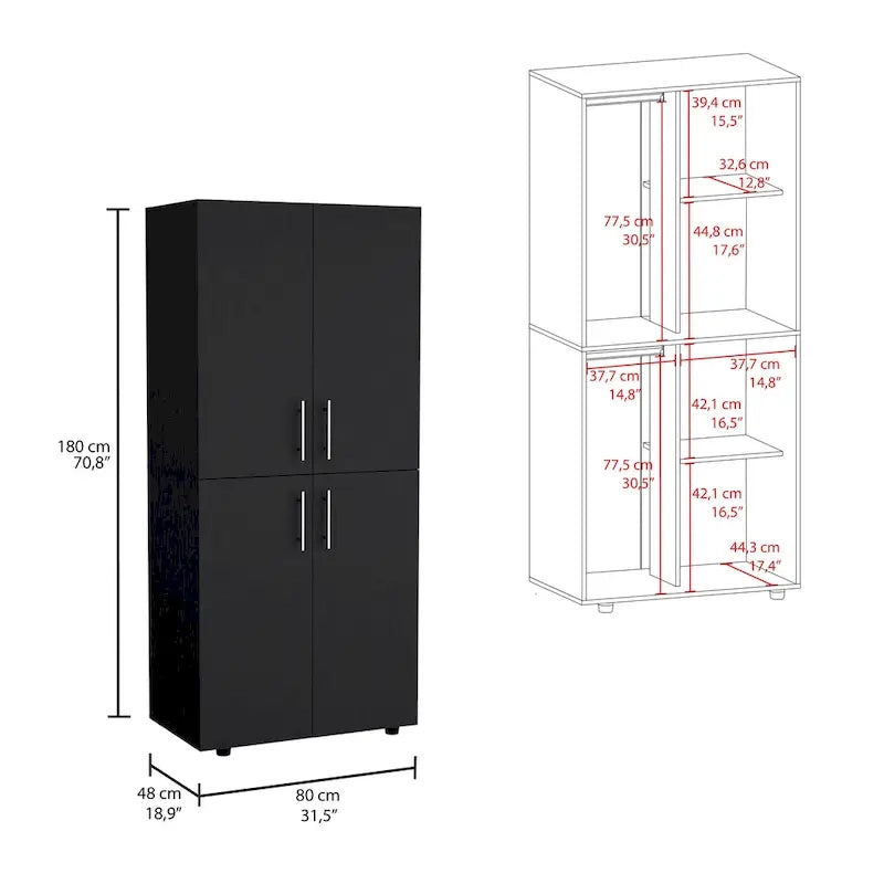 31.5 Modern Four-door Armoire with Six Shelves and Two Hanging Rods for Bedroom