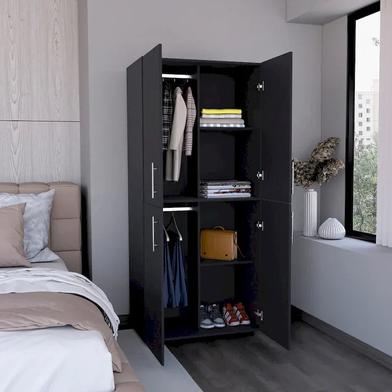 31.5 Modern Four-door Armoire with Six Shelves and Two Hanging Rods for Bedroom