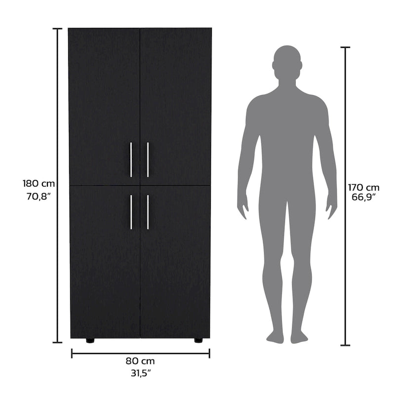 31.5 Modern Four-door Armoire with Six Shelves and Two Hanging Rods for Bedroom