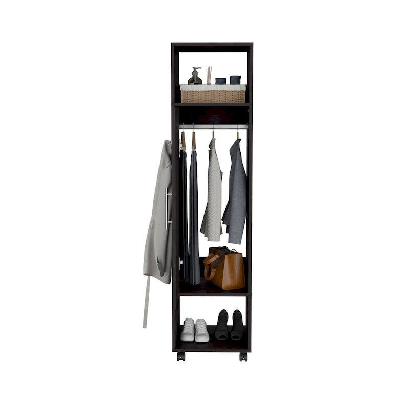 15.7 Modern Mirrored Armoire with Three Shelves, Casters and Hanging Rod