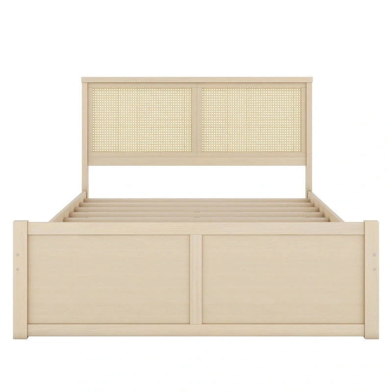 Antique Natural Queen Size Wood Storage Bed with 4 Drawers and Rattan Headboard