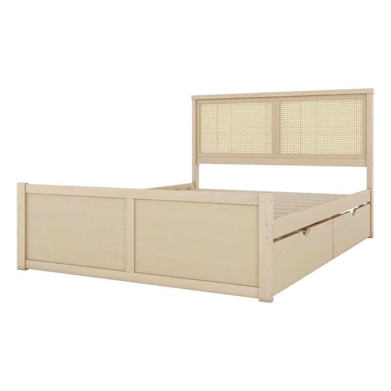 Antique Natural Queen Size Wood Storage Bed with 4 Drawers and Rattan Headboard