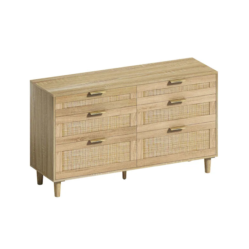 Rattan 6-Drawer Double Dresser with Metal Handle, Wood Legs, Clothes Storage Cabinet for Bedroom