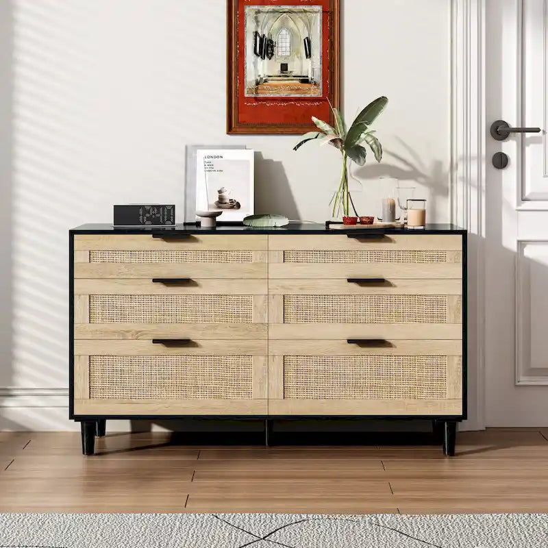 Rattan 6-Drawer Double Dresser with Metal Handle, Wood Legs, Clothes Storage Cabinet for Bedroom