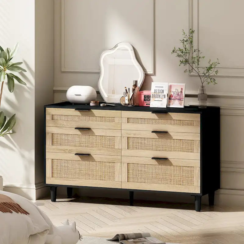 Rattan 6-Drawer Double Dresser with Metal Handle, Wood Legs, Clothes Storage Cabinet for Bedroom