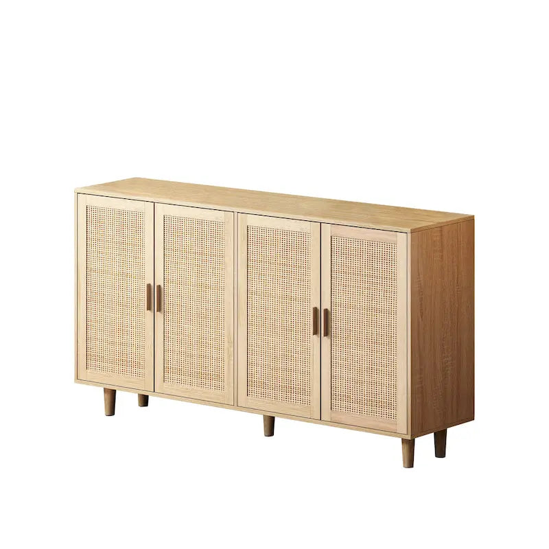 Modern 4-Door Rattan Decorative Storage Cabinet with Adjustable Shelves for Bedroom, Living Room