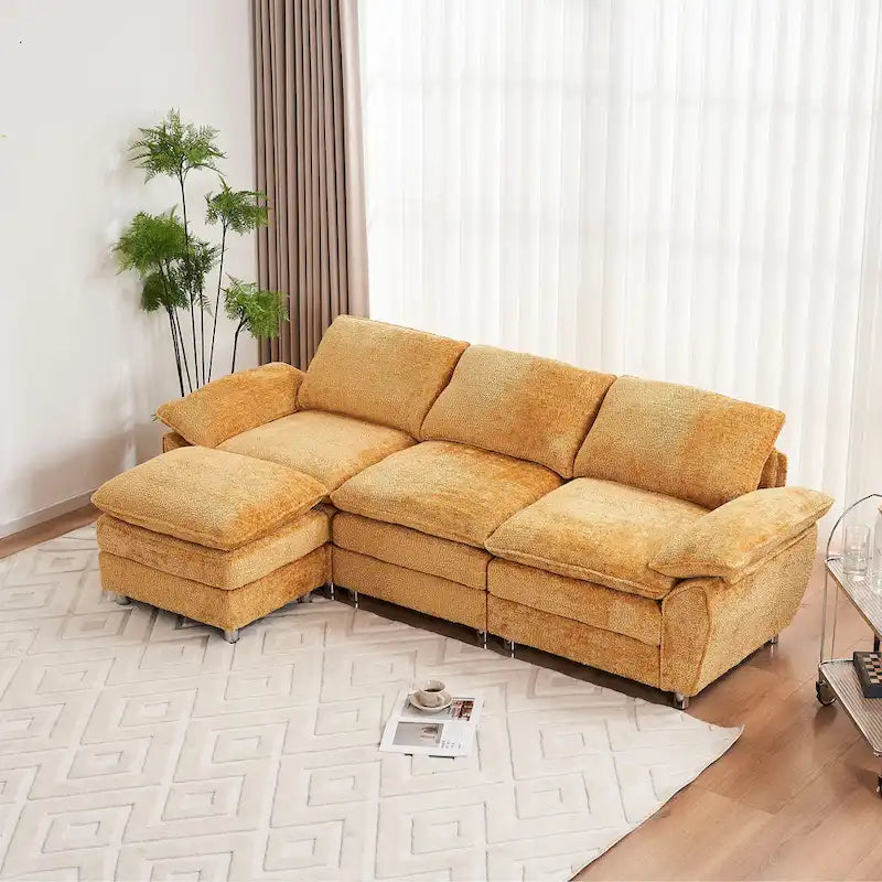 Yellow 101.6 Chenille L-Shaped Sectional Sofa with Ottoman