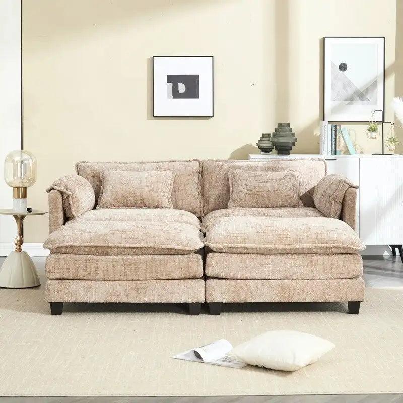 76.77 Chenille Upholstered Sofa with 2 Ottomans