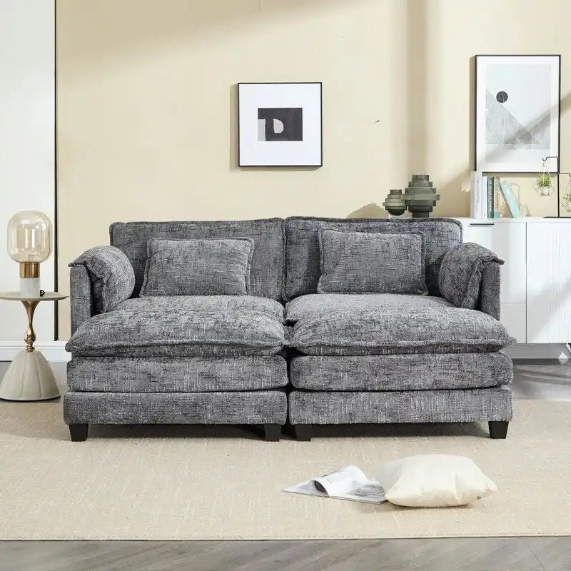 76.77 Chenille Upholstered Sofa with 2 Ottomans